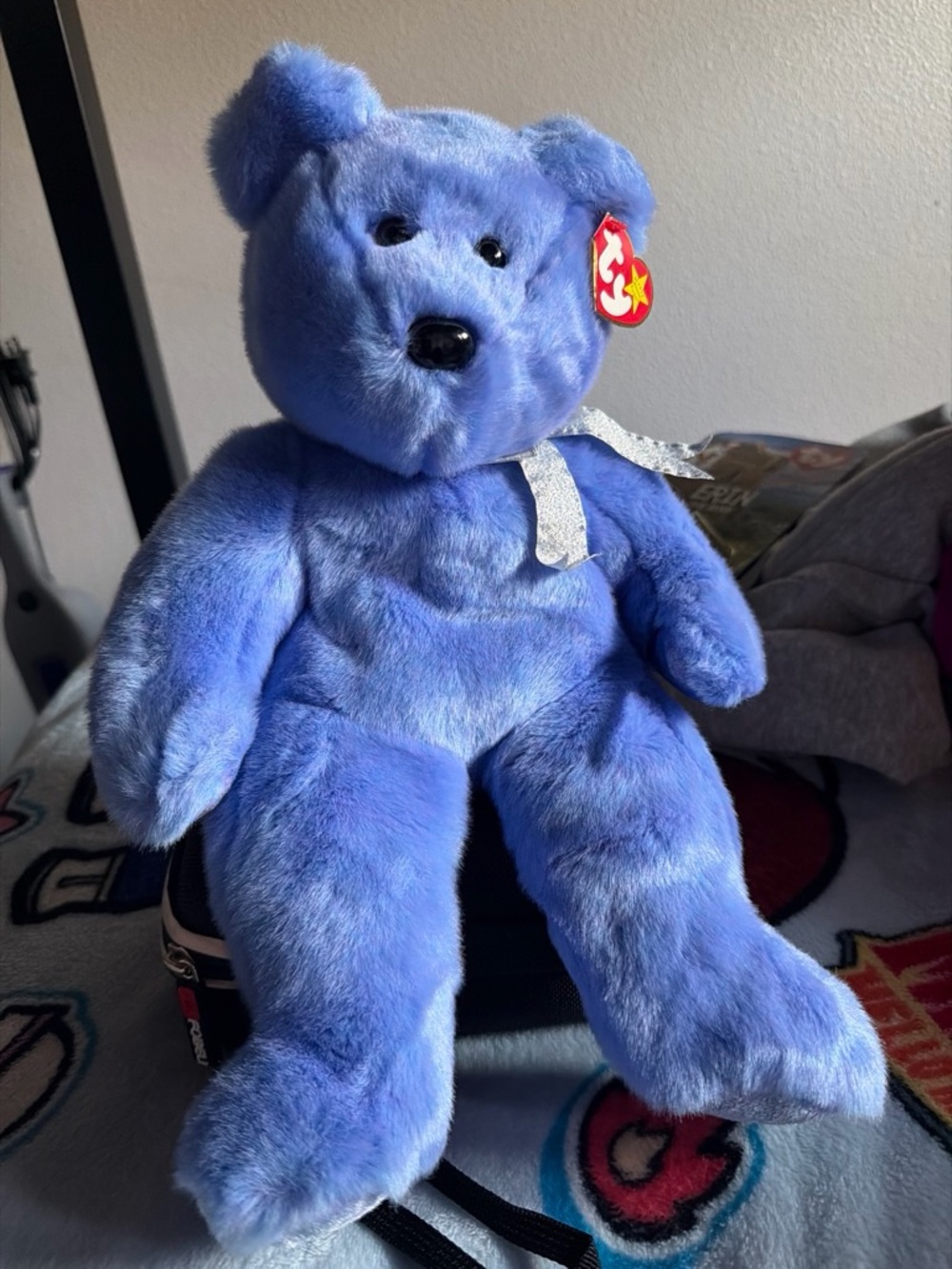 Ty Blue Plush Bear with Silver Ribbon